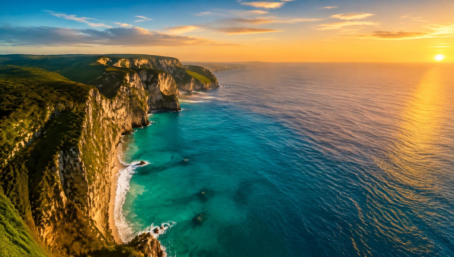 Sunrise over a dramatic turquoise coastline with green cliffs above an open ocean