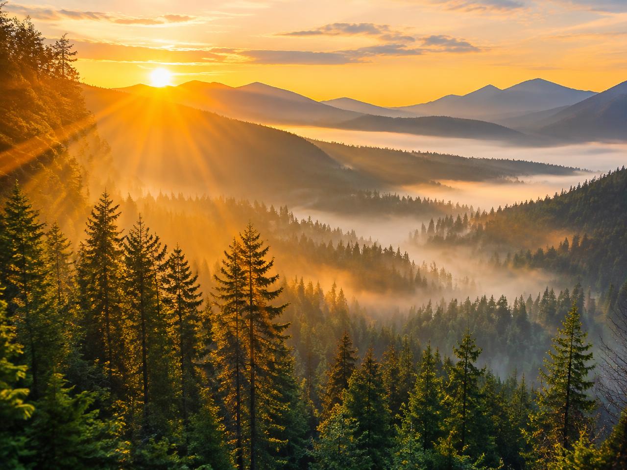 Sunrise casting golden light through a misty forest valley